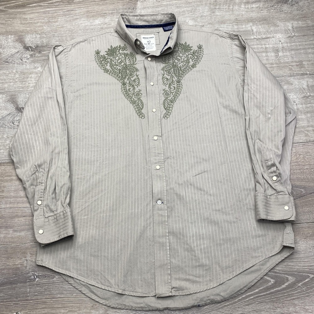 Rough Stock Shirt Mens XL Beige Stripe Long Sleeve Western Snap Panhandle Slim‎